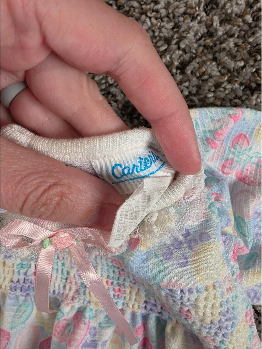 Vtg 1990s Carters Baby Girls Sz 3-6M Pastel Smocked Bubble Romper Fruit Print